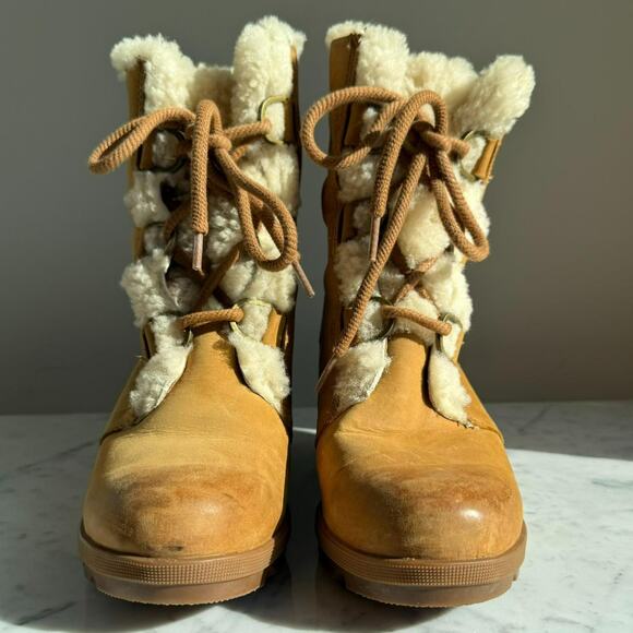 Sorel Joan of Arctic Wedge II Shearling Boots Camel Tan Sz 9 - Picture 3 of 9